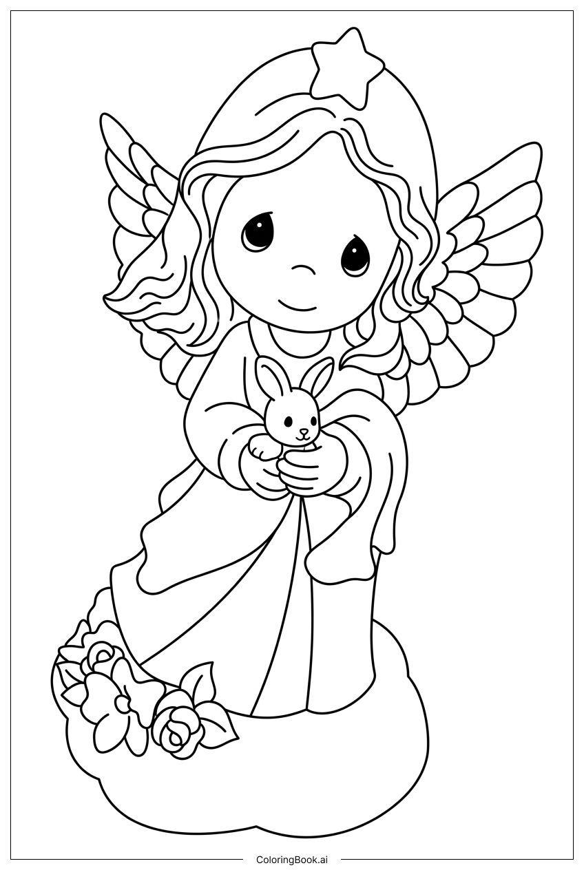  Página para colorear de Ángel de Precious Moments sostiene con ternura a un conejito 
