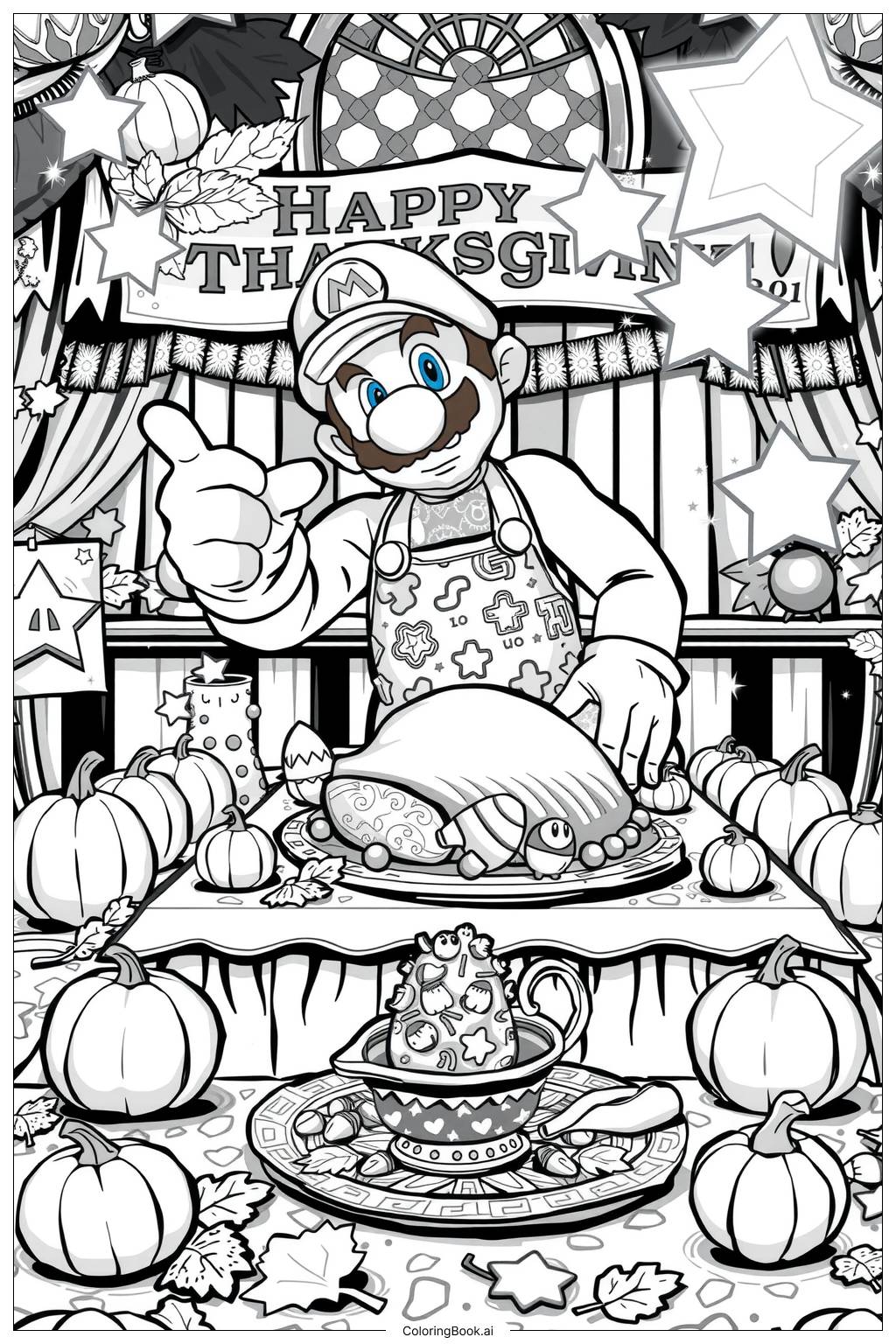  Page de coloriage Mario décorant pour Thanksgiving avec des Power-Ups 