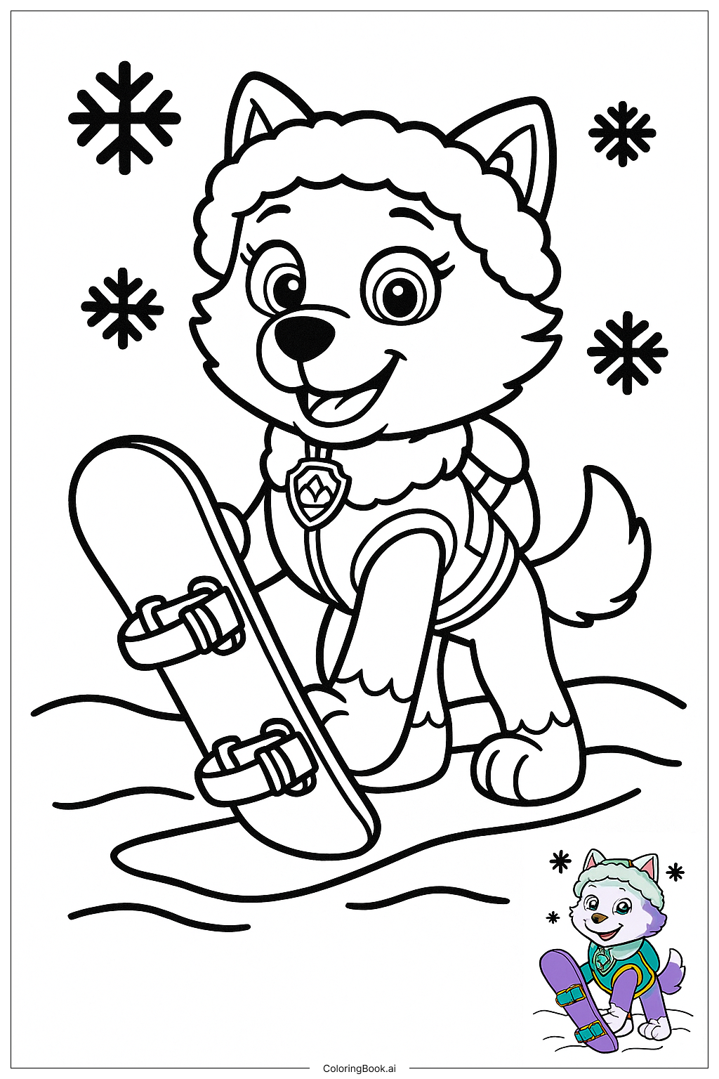  Página para colorir de Paw Patrol Everest Com Snowboard 