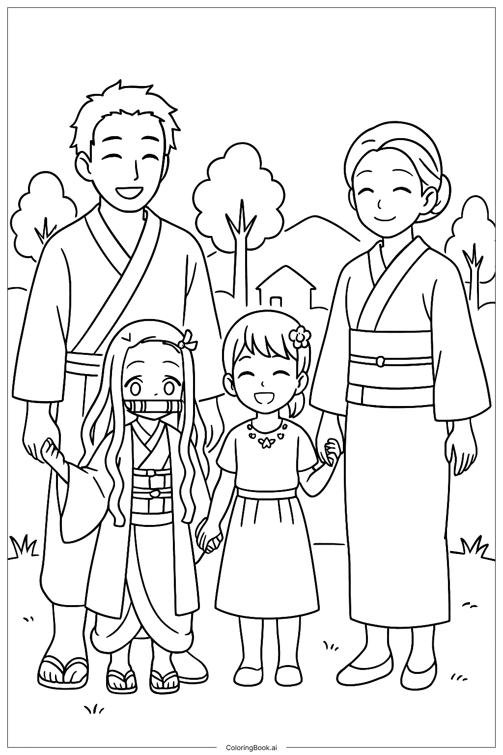  Página para colorear de Una escena detallada de Nezuko y su familia 