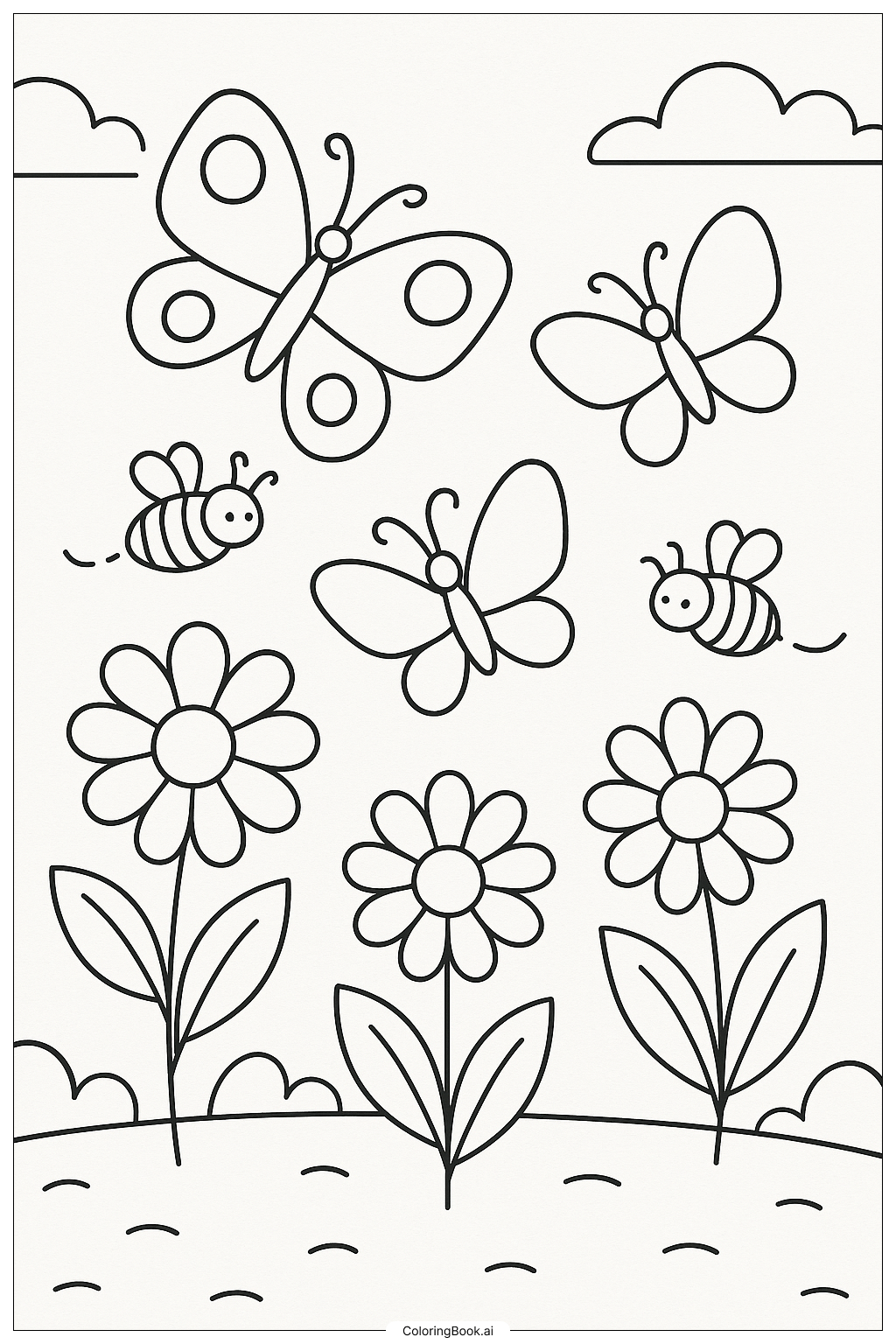  Página para colorir de Borboletas e Abelhas no Jardim 