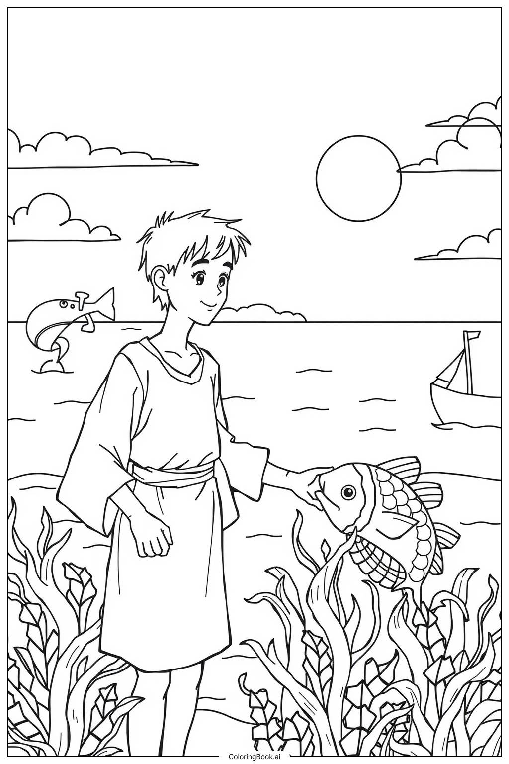 Peter Bible Story in the Sea -2 Coloring Page (Free PDF&PNG Printable)