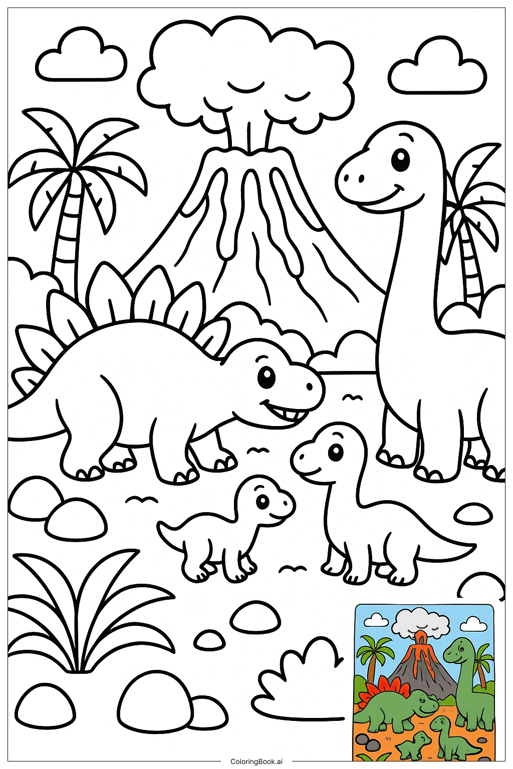  Page de coloriage Dinosaur Family At Volcano 