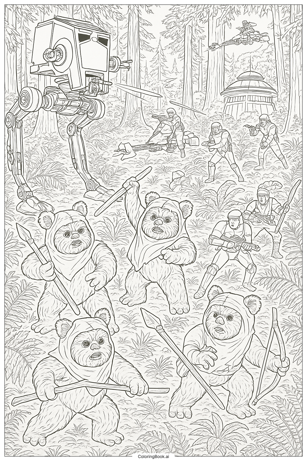  Page de coloriage Star Wars Bataille d'Endor avec les Ewoks 