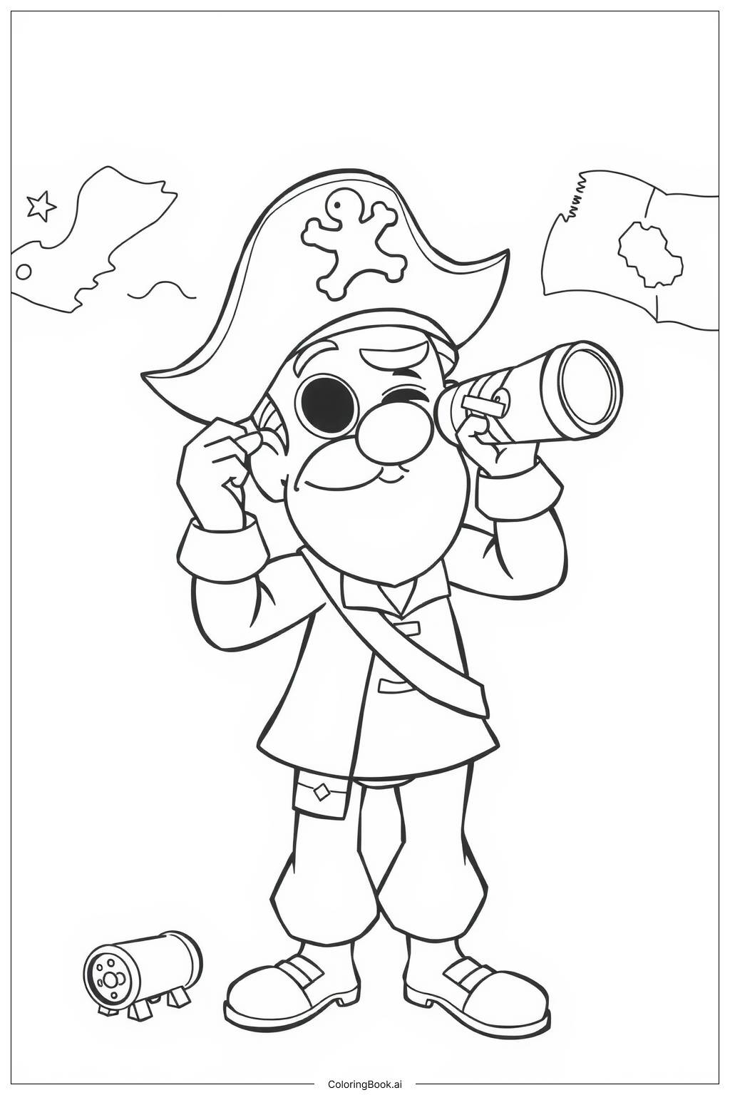  Pirate Captain with Telescope and Map Coloring Page 