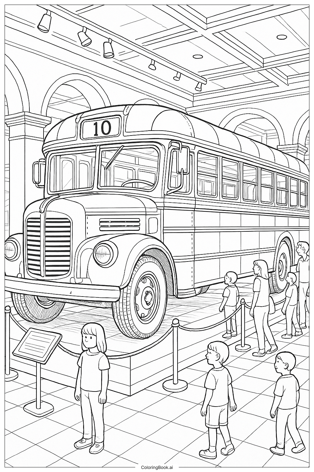  Ein historischer Schulbus in einem Museum Ausmalseite 