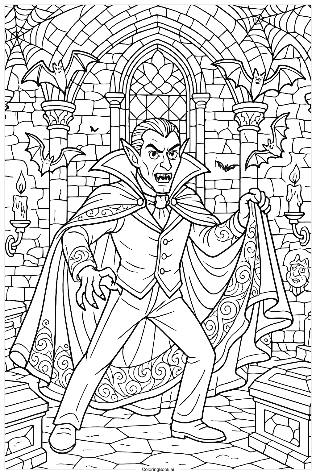 Página para colorir de Vampiro em uma Cripta Detalhada