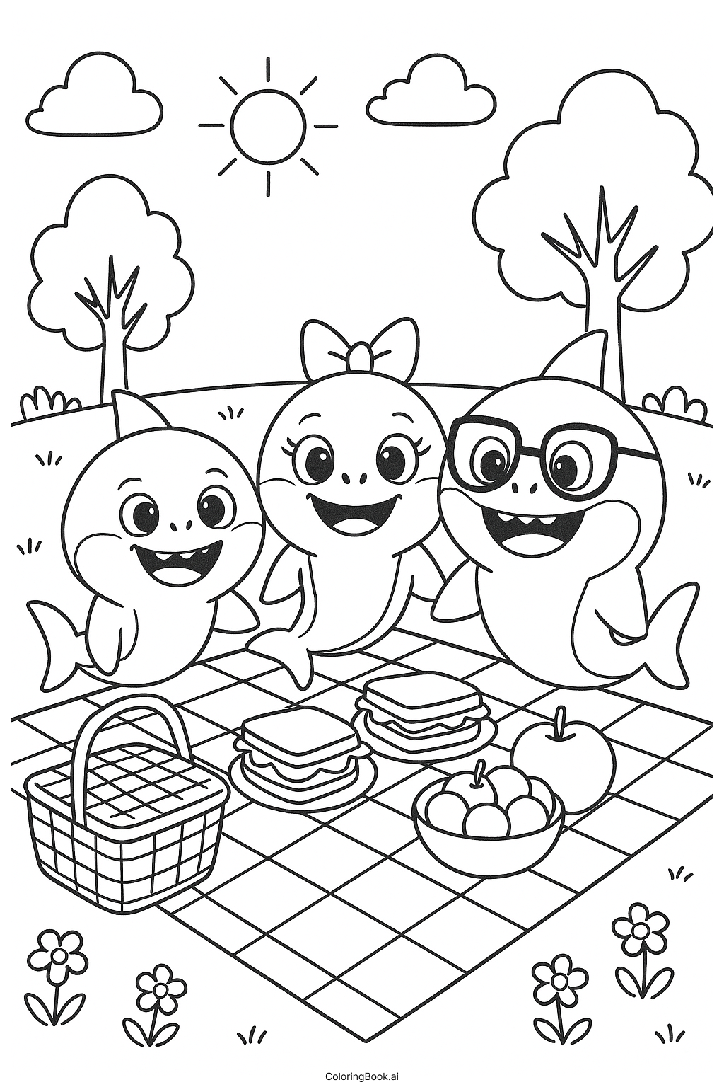  ベイビーシャークのピクニックの塗り絵ページ 