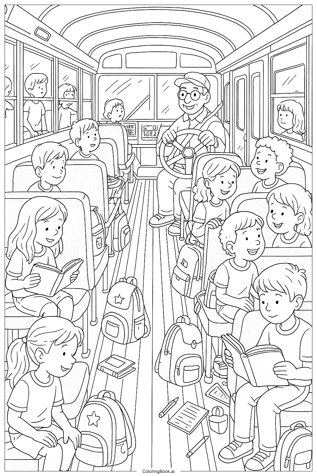  Innenansicht eines vollen Schulbusses Ausmalseite 