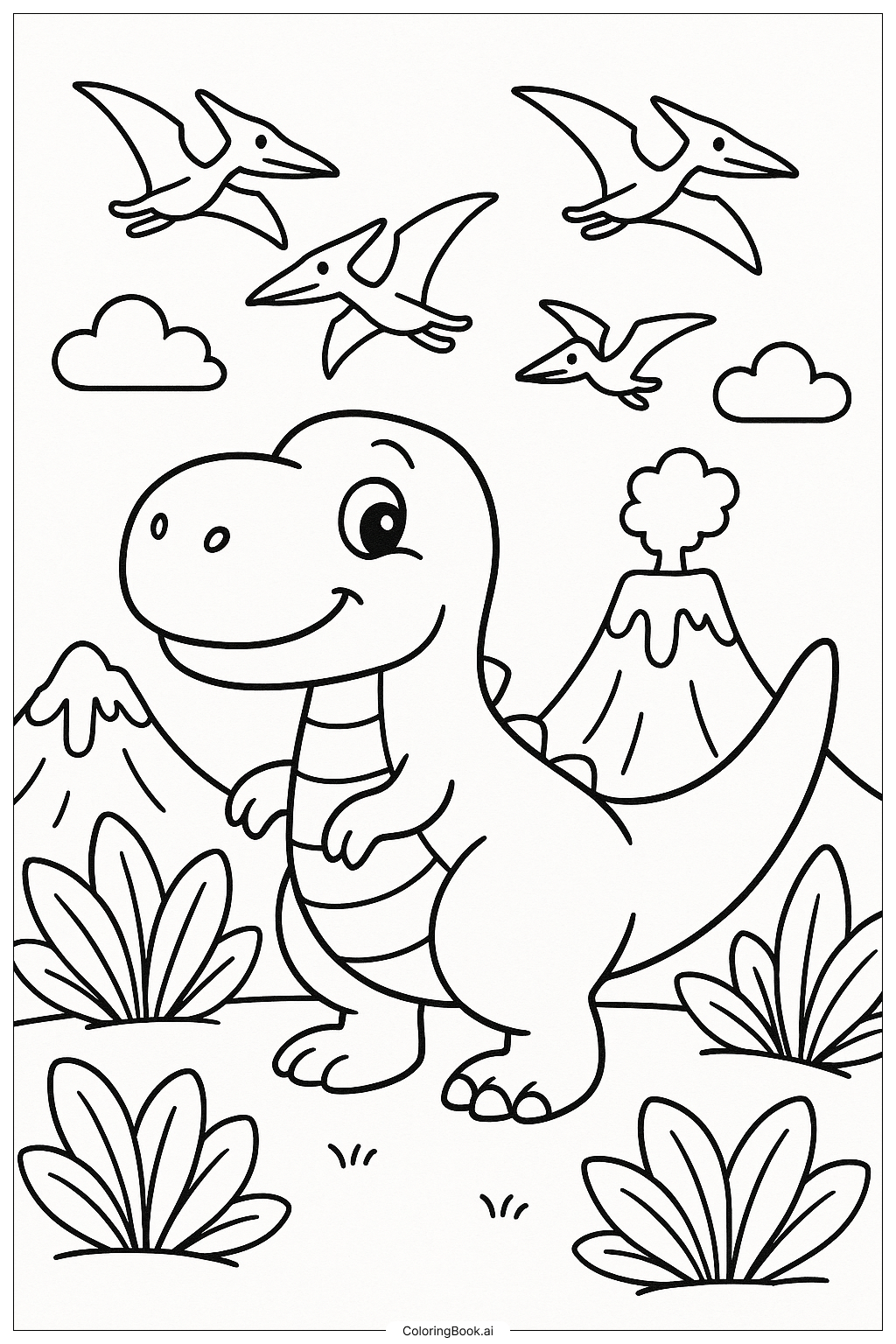  Página para colorir de T-Rex e Pterodáctilos Voando Acima 