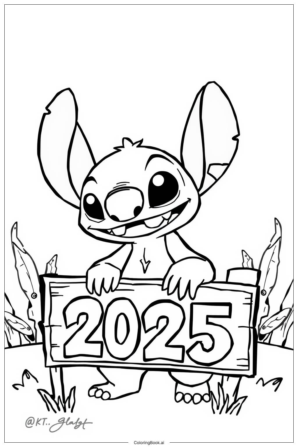  Page de coloriage Stitch tenant un panneau 2025 