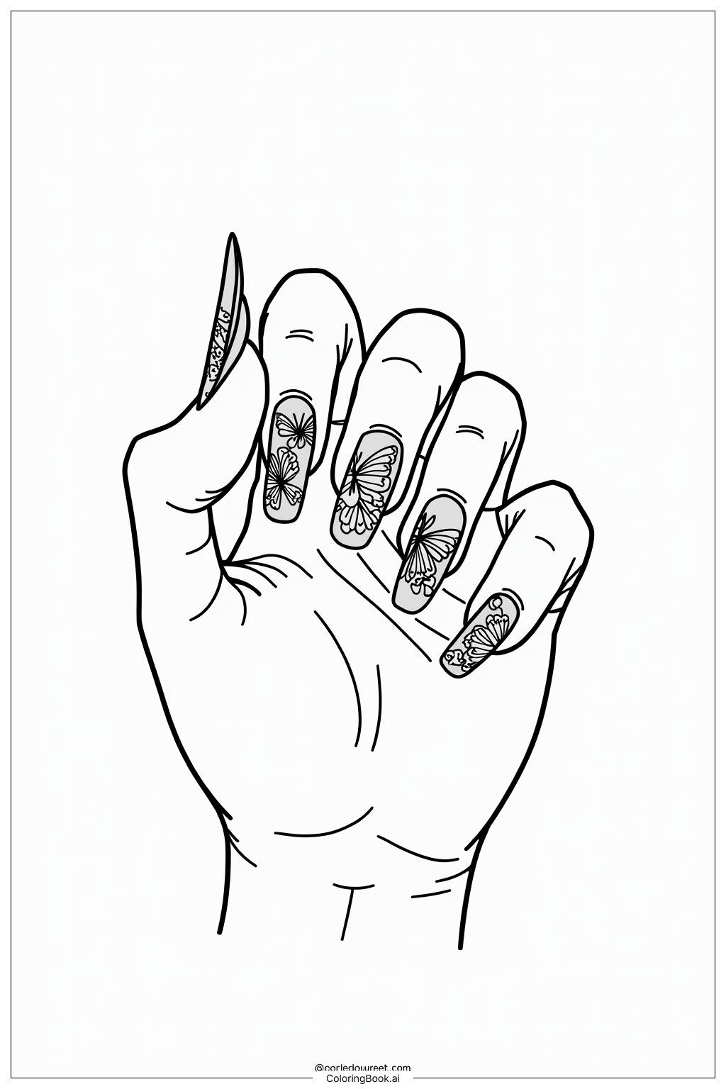  Long Nails with Butterfly Motifs Coloring Page 