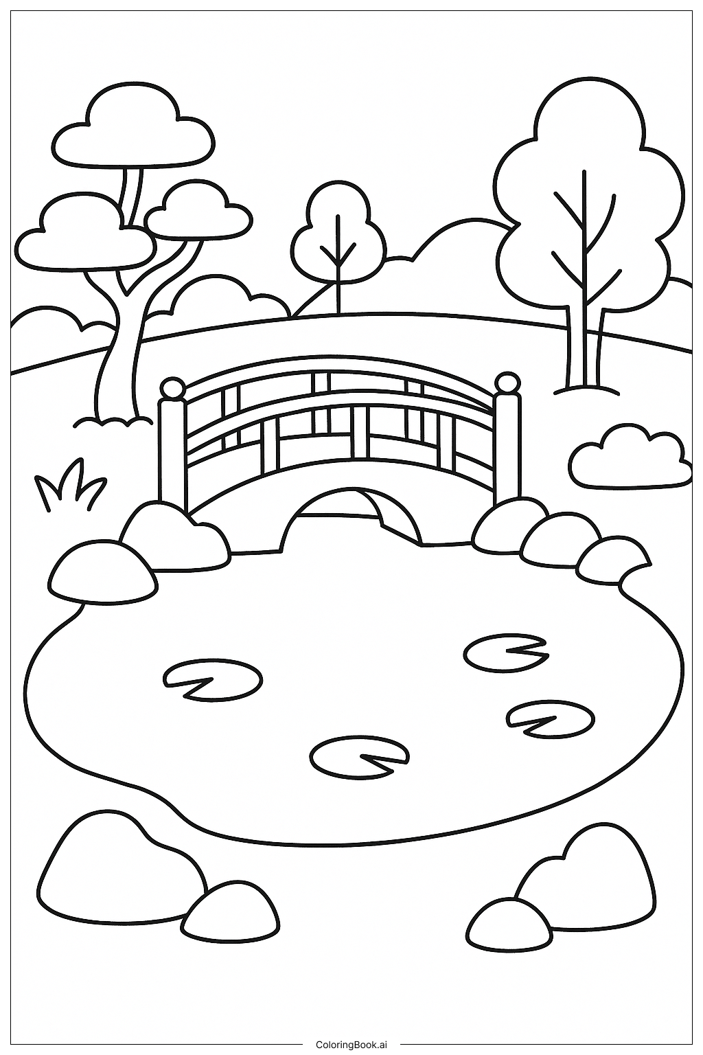  Página para colorir de Um Jardim Japonês com uma Ponte 