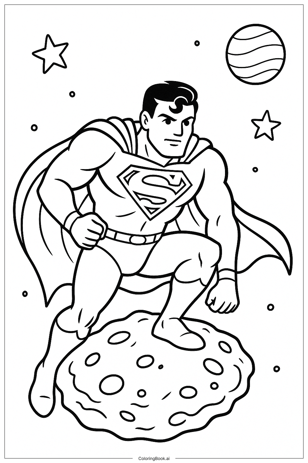  Página para colorear de Superman aterrizando en un asteroide 