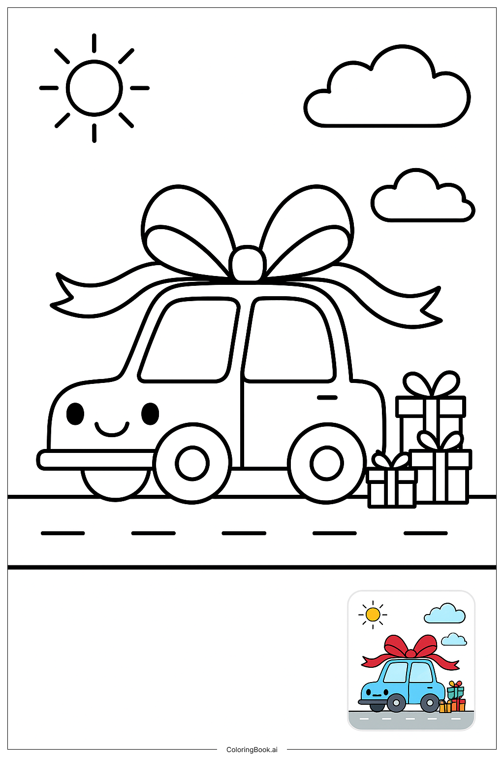  Página para colorir de Carro do Dia dos Pais com Laço 