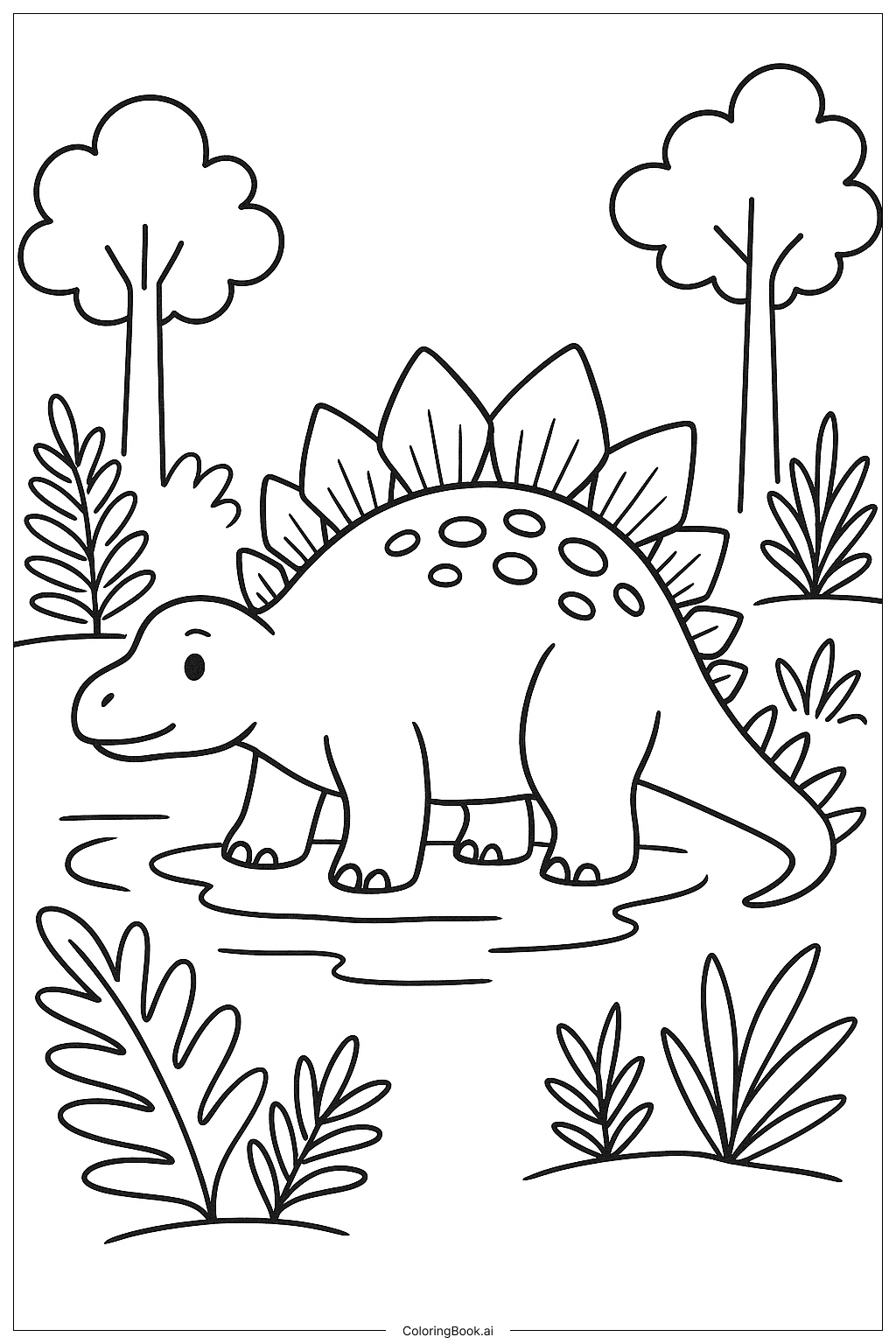 Stegosaurus in einem prähistorischen Sumpf Ausmalseite