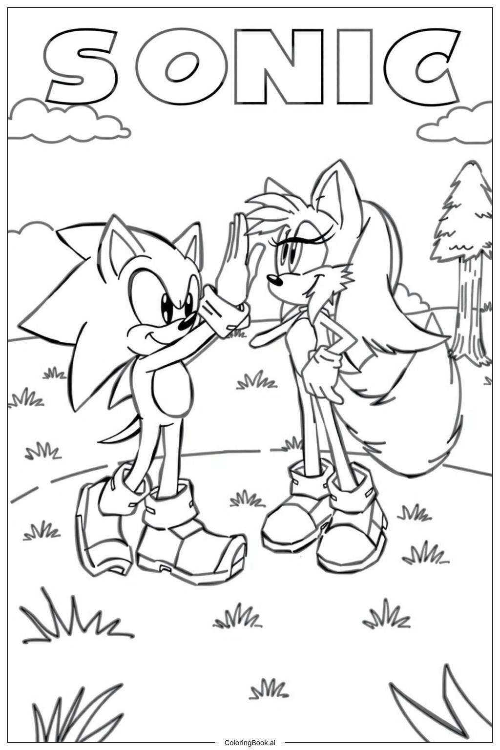  Página para colorir de Sonic e Tails se cumprimentando 