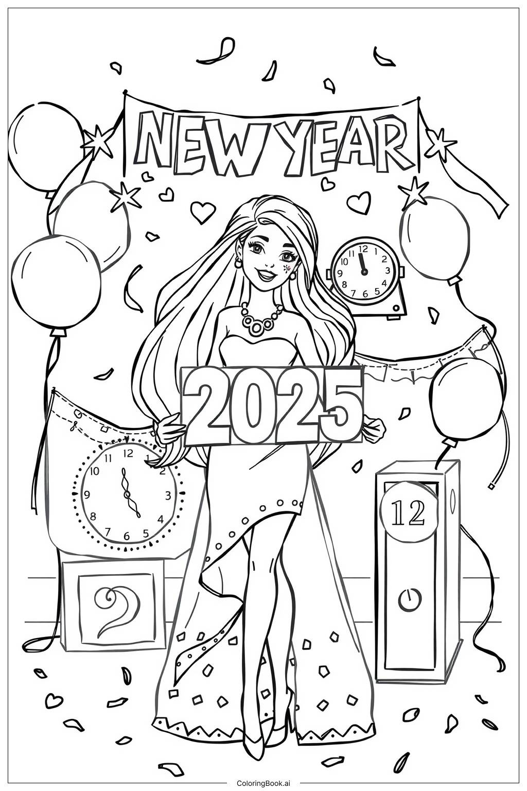  Page de coloriage Barbie tenant une pancarte pour le Nouvel An 2025 