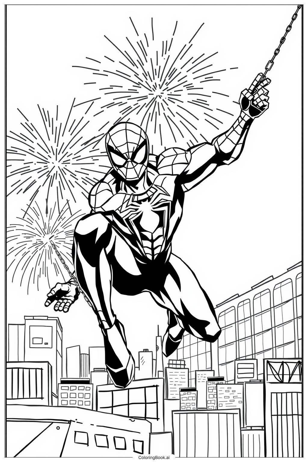  Spiderman Swinging Through Fireworks Display Coloring Page 