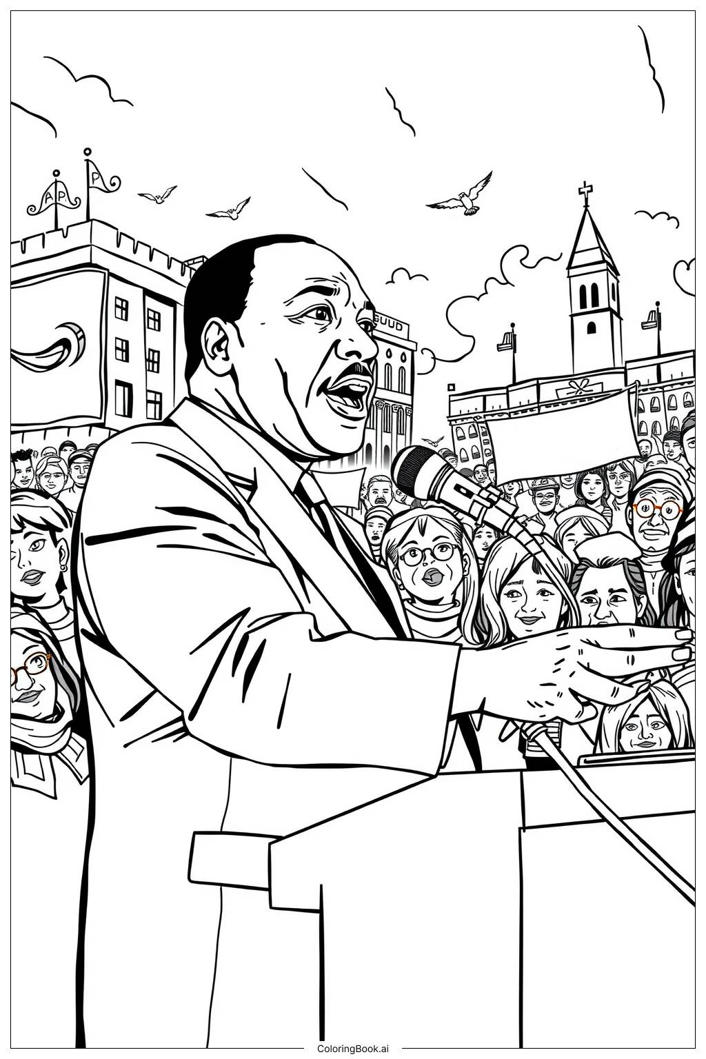  Page de coloriage Martin Luther King avec ses partisans lors d'un rassemblement 