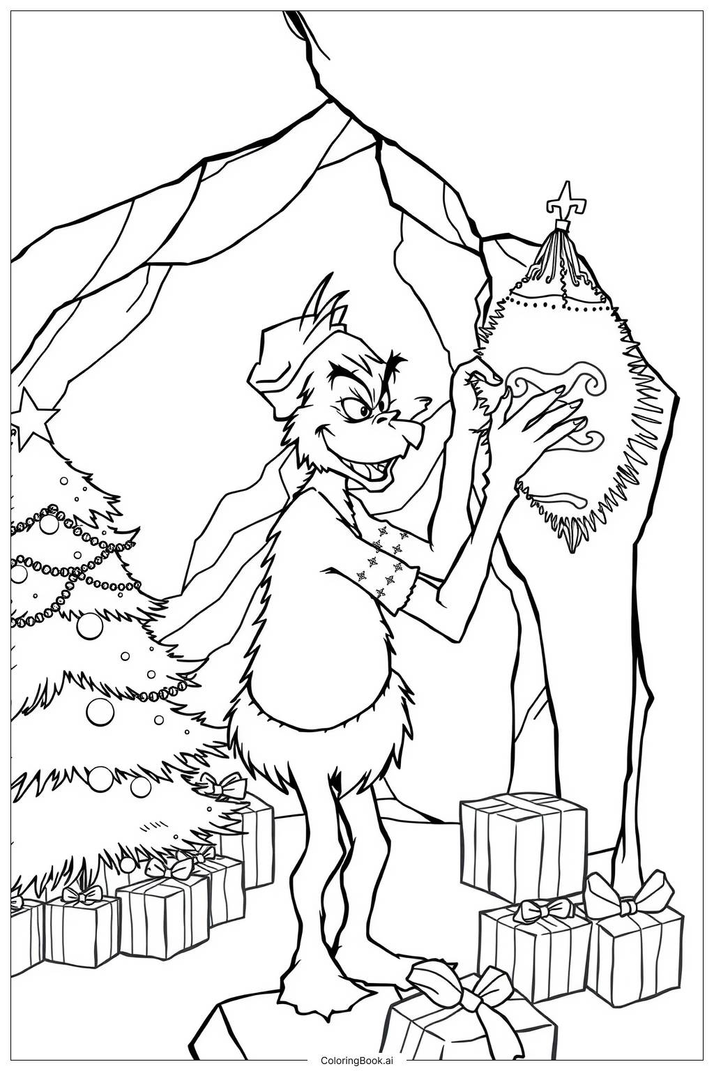  Page de coloriage Grinch décorant sa caverne pour Noël 