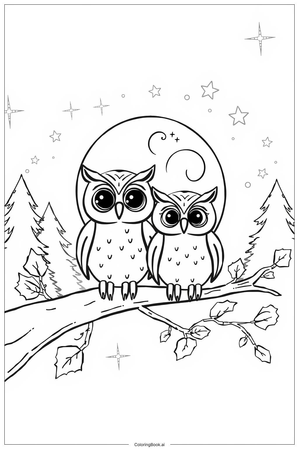  Owls at Midnight Gathering Coloring Page 