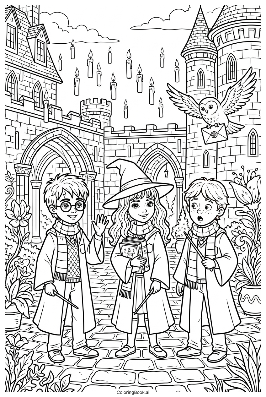 Harry Potter chatting in courtyard as owl arrives Coloring Page