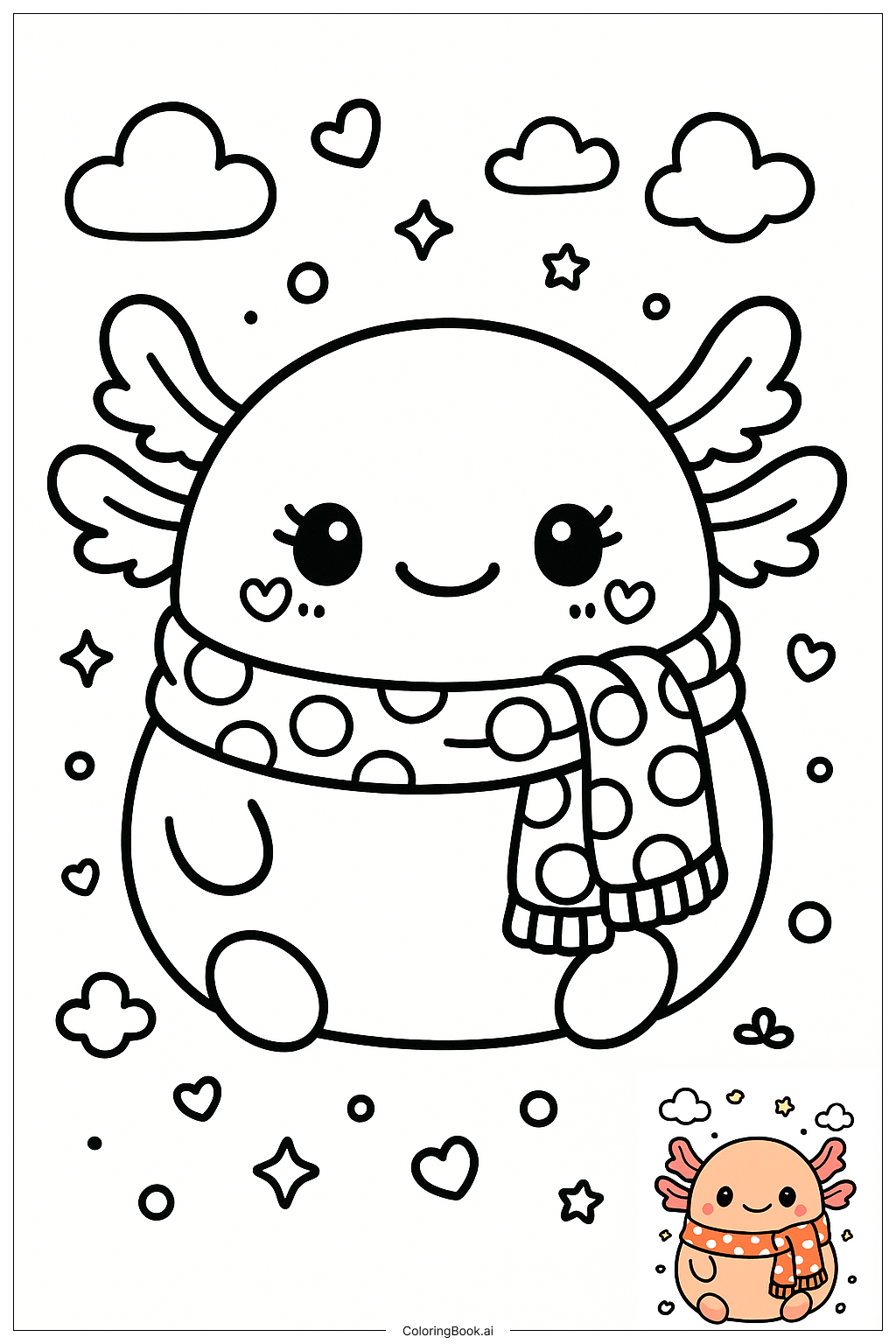  Página para colorear de Squishmallow Axolote conbufanda de lunares 