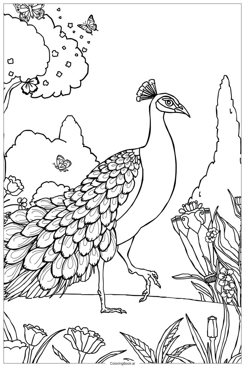  Page de coloriage paon se promenant dans le jardin-2 