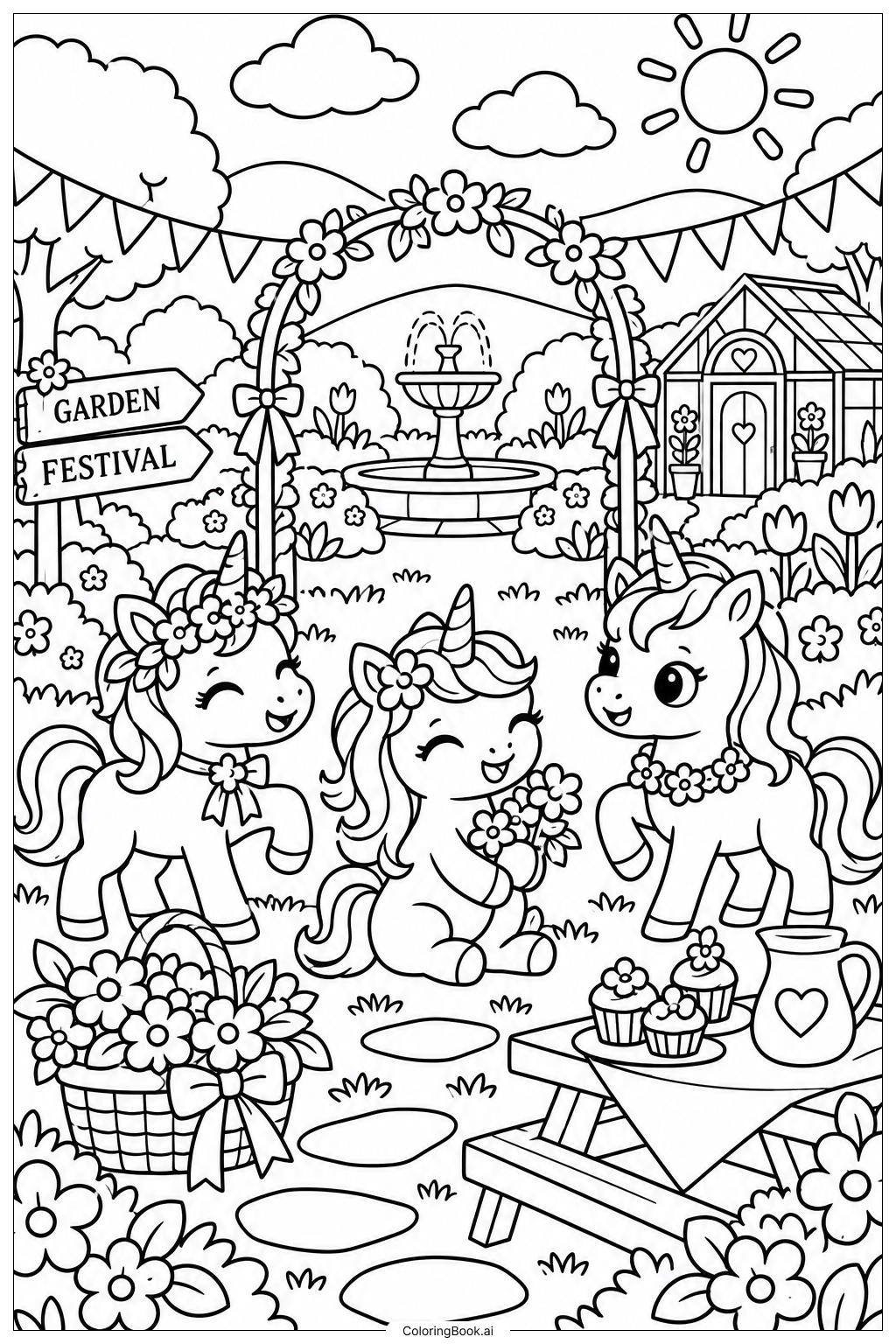  Page de coloriage Festival de Jardin de Bébé Licorne 