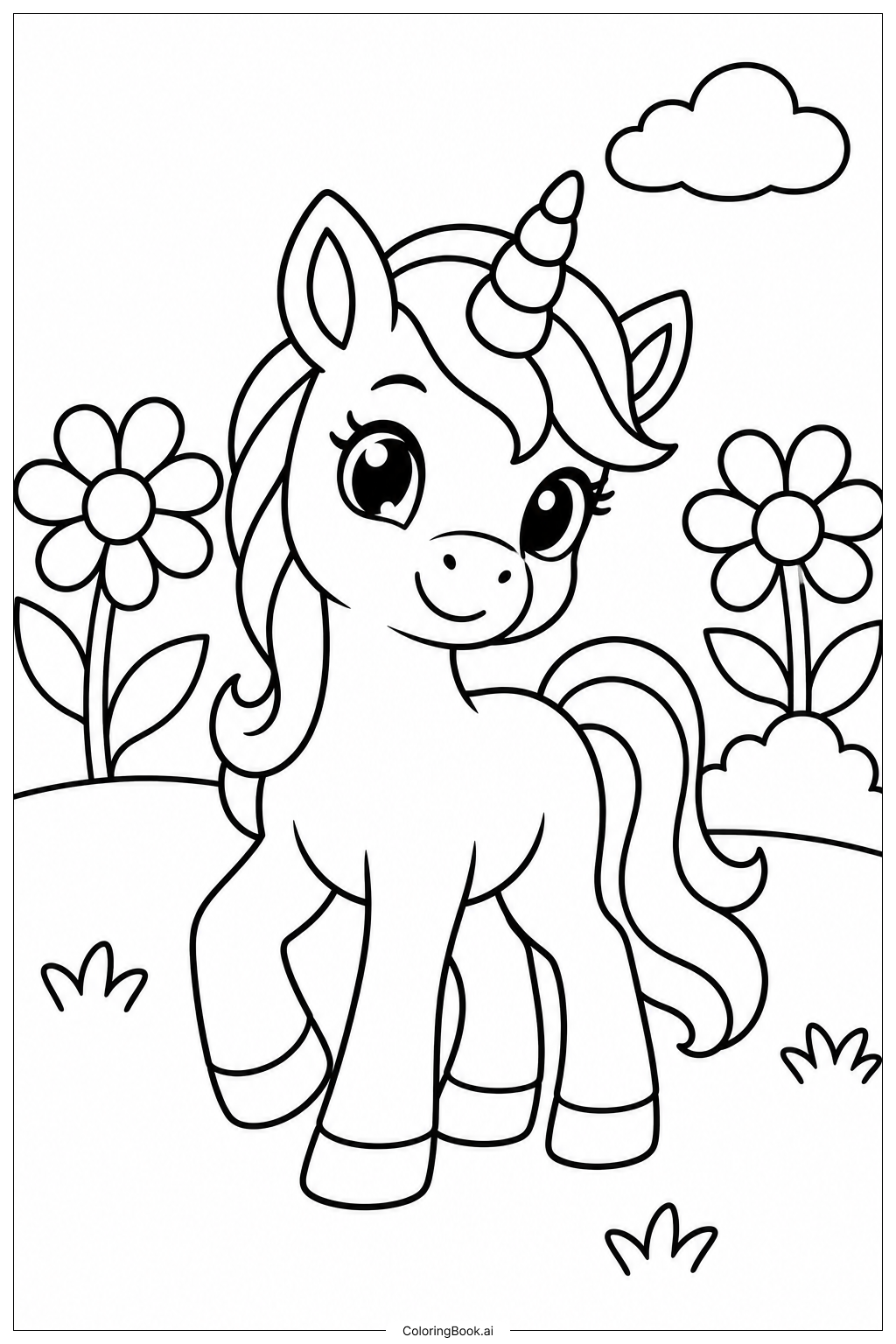草原の赤ちゃんユニコーンの塗り絵ページ
