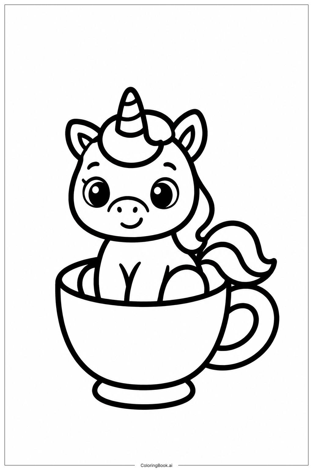 ティーカップに入った赤ちゃんユニコーンの塗り絵ページ