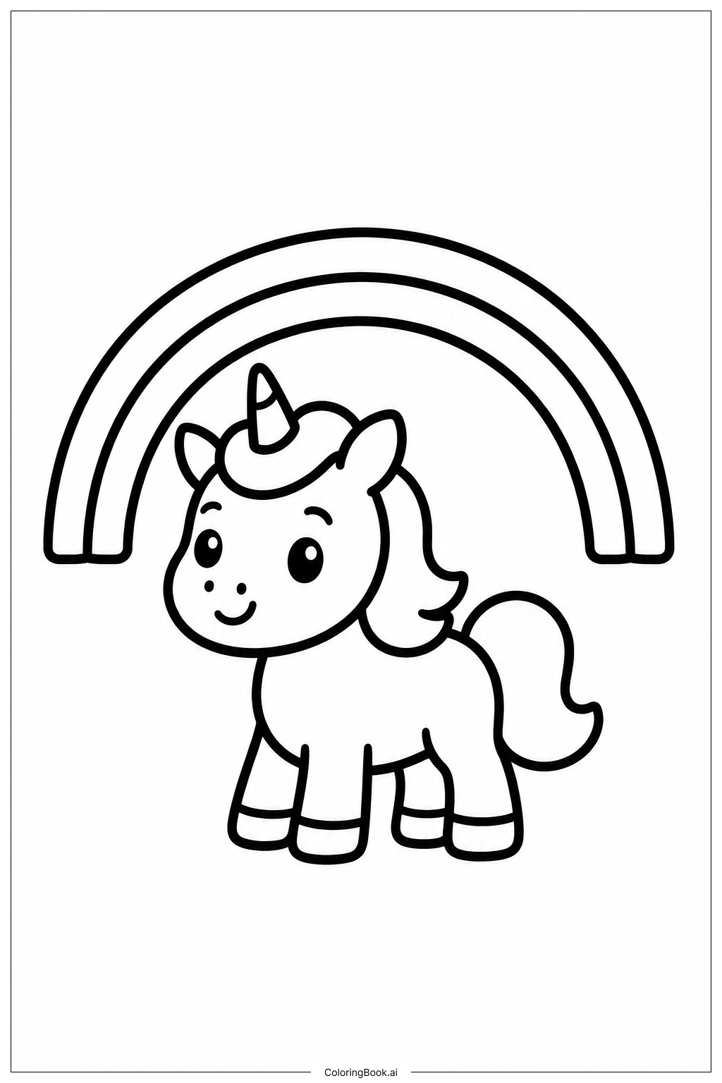 虹と赤ちゃんユニコーンの塗り絵ページ