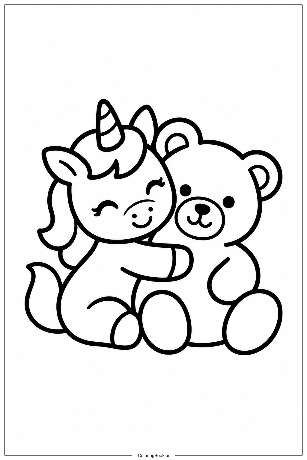 ぬいぐるみを持った赤ちゃんユニコーンの塗り絵ページ