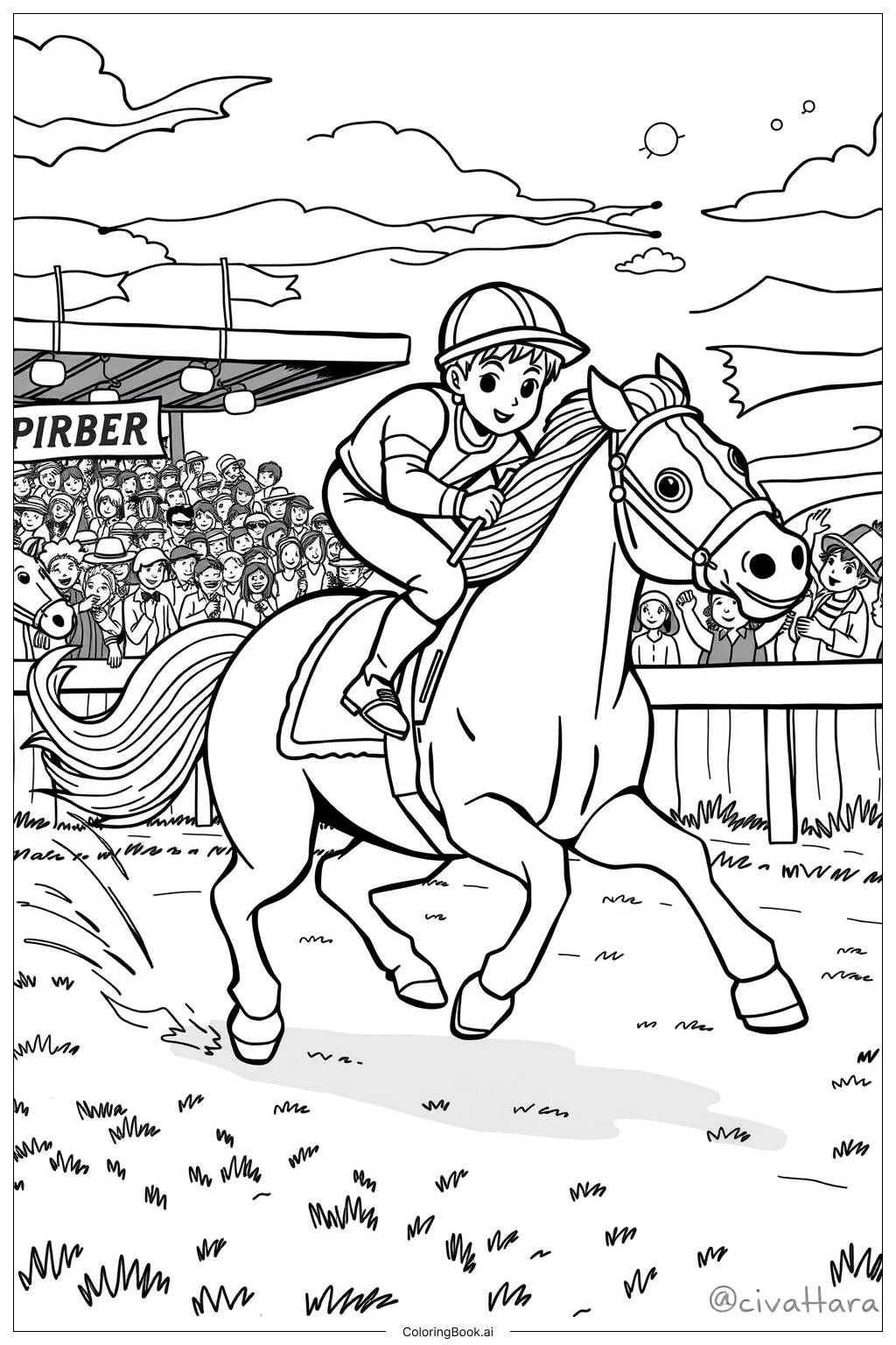  Page de coloriage Jockey en Course sur un Cheval au Galop 