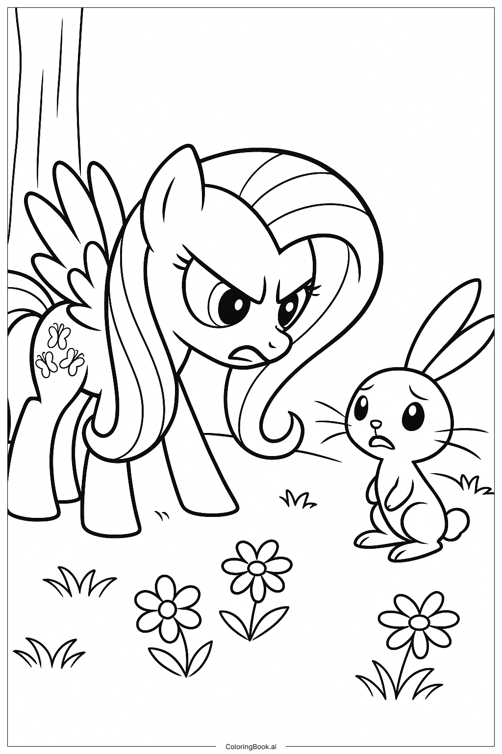  Trang tô màu Fluttershy Dùng Ánh Nhìn Căm Giận Với Một Con Thỏ 