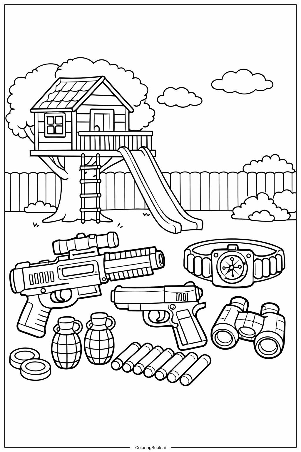 Page de coloriage Pistolet d'Aventure dans le Jardin 