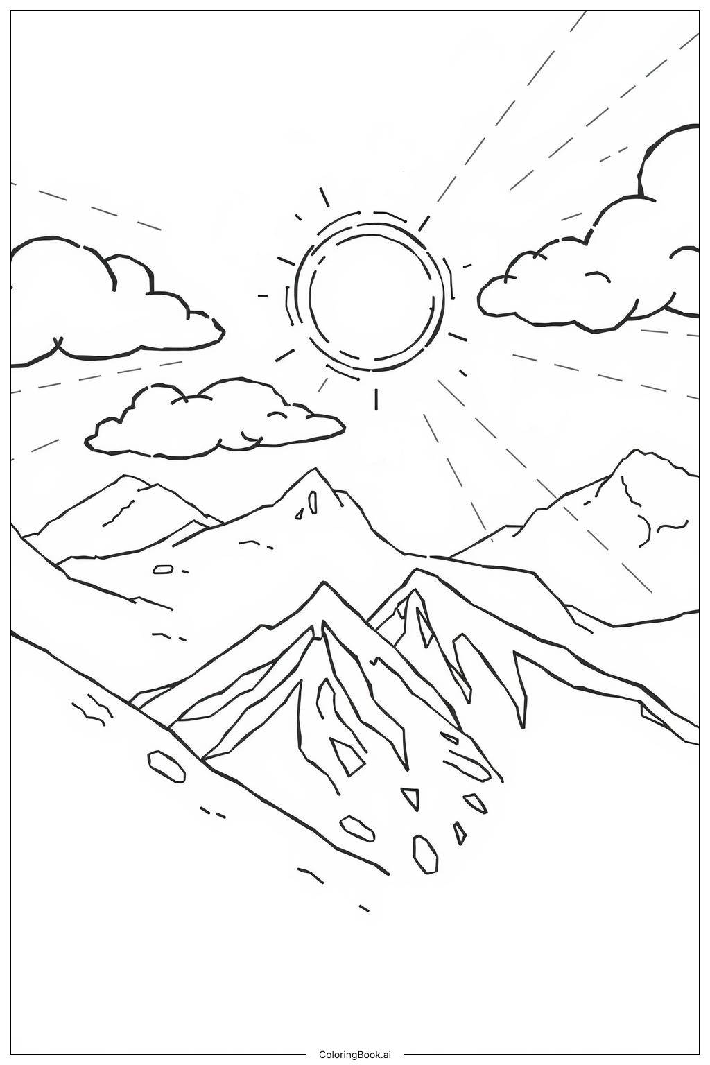  Página para colorear de eclipse solar sobre montañas 