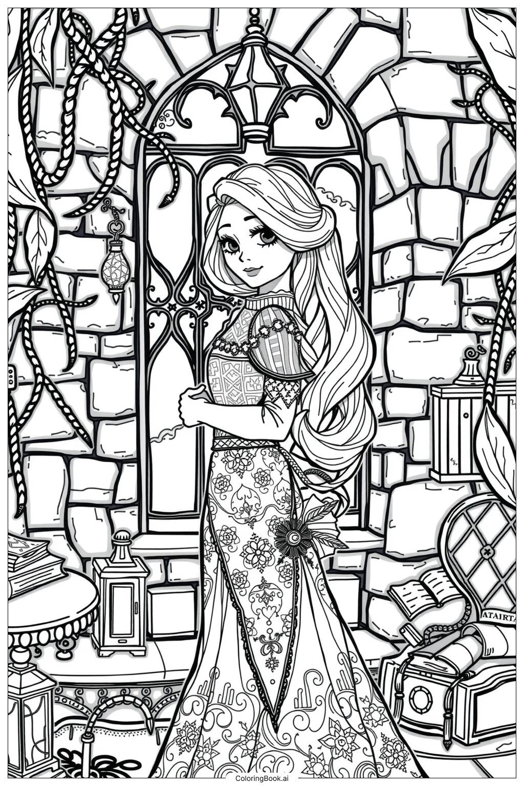  Page de coloriage Raiponce dans sa tour 