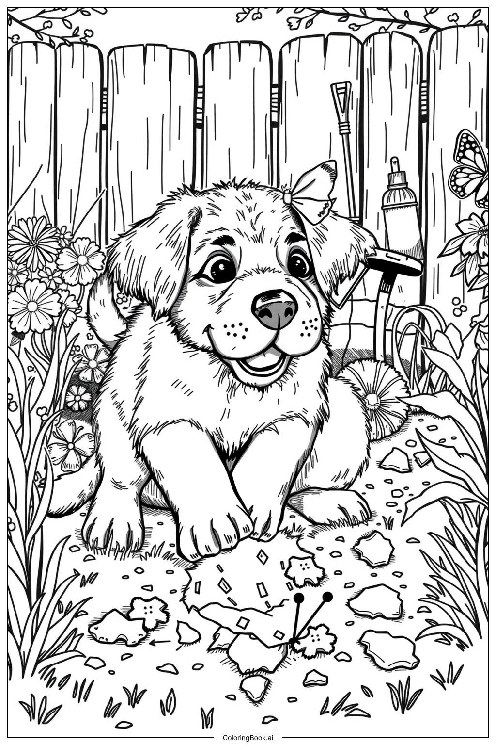  Page de coloriage Chiot en train de creuser dans le jardin - 2 