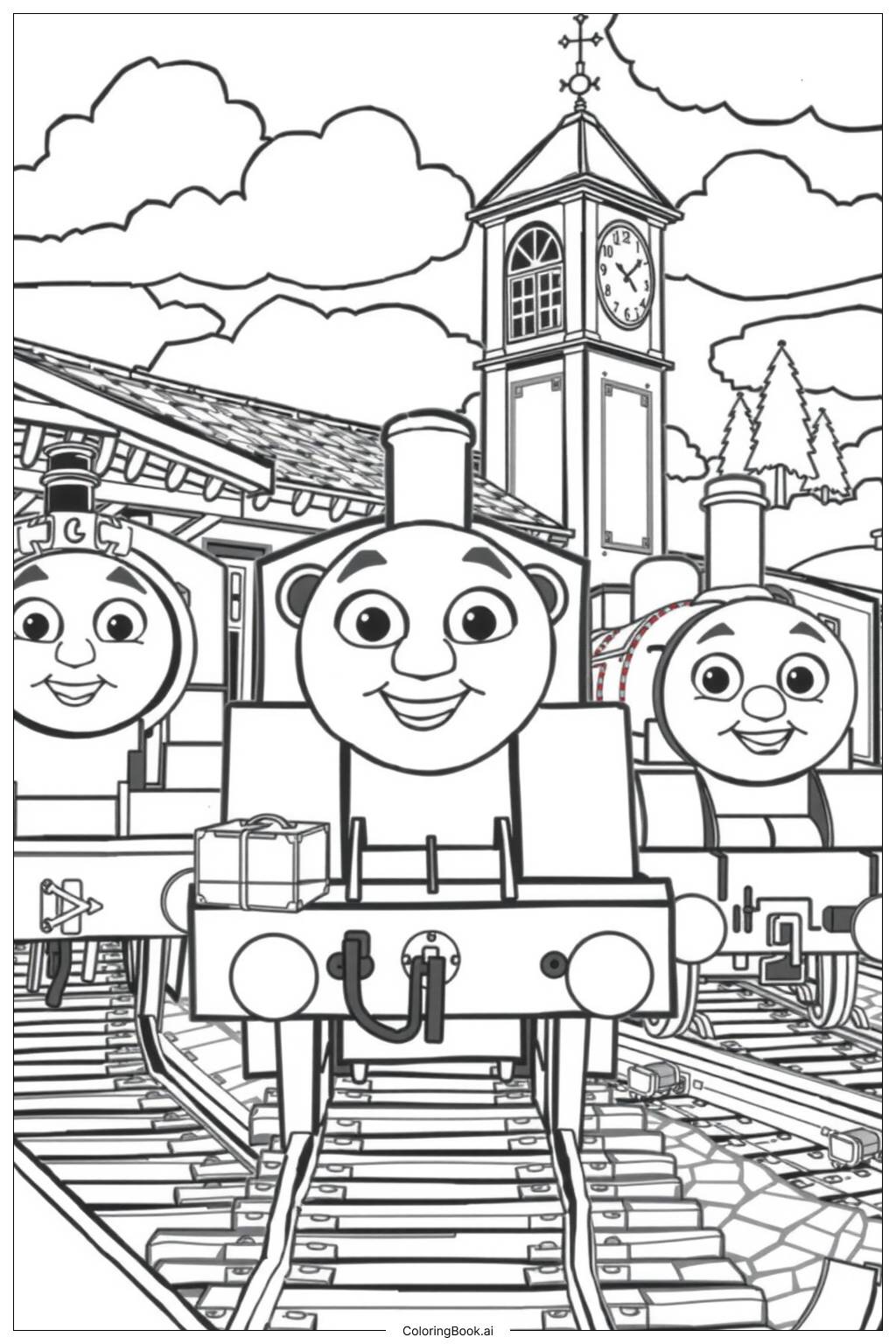  Página para colorir de thomas o trem e amigos em uma estação movimentada 