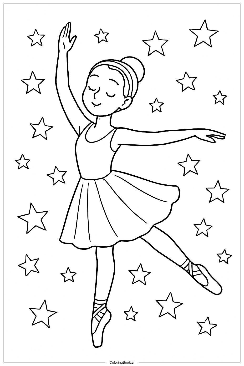  Página para colorir de Bailarina com Fundo de Estrelas 