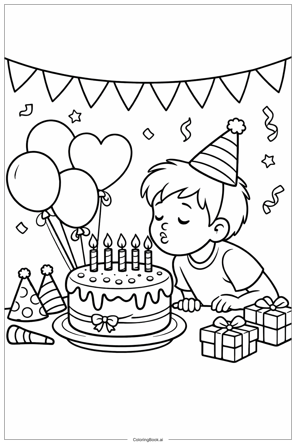  풍선 생일 케이크 색칠공부 페이지 