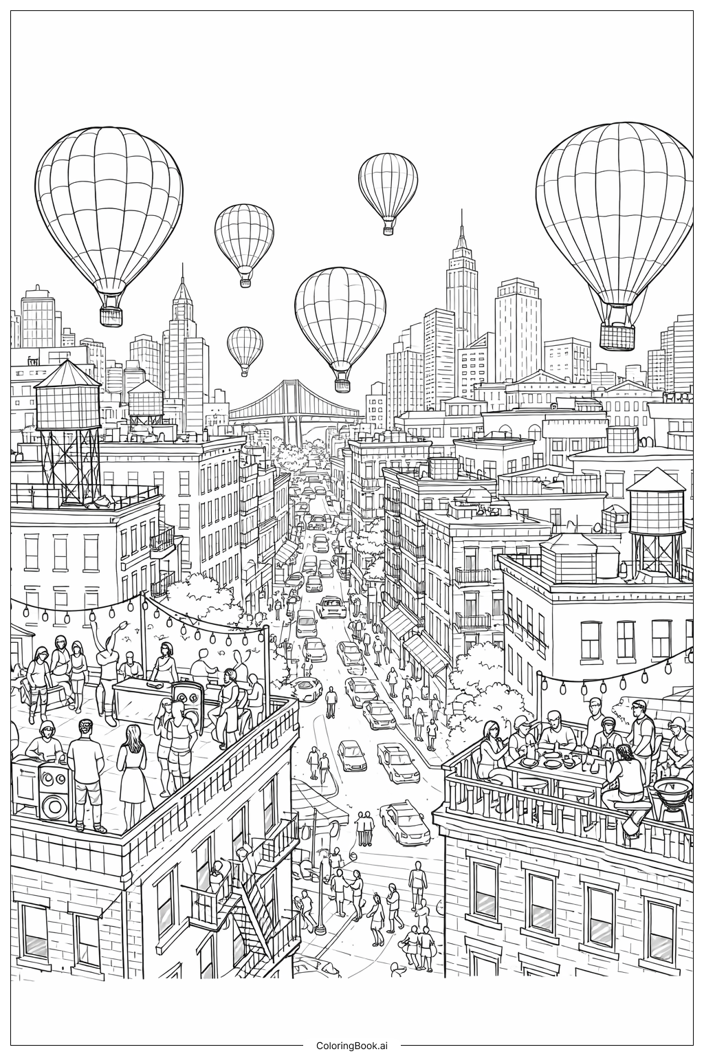  熱氣球城市風景著色頁 