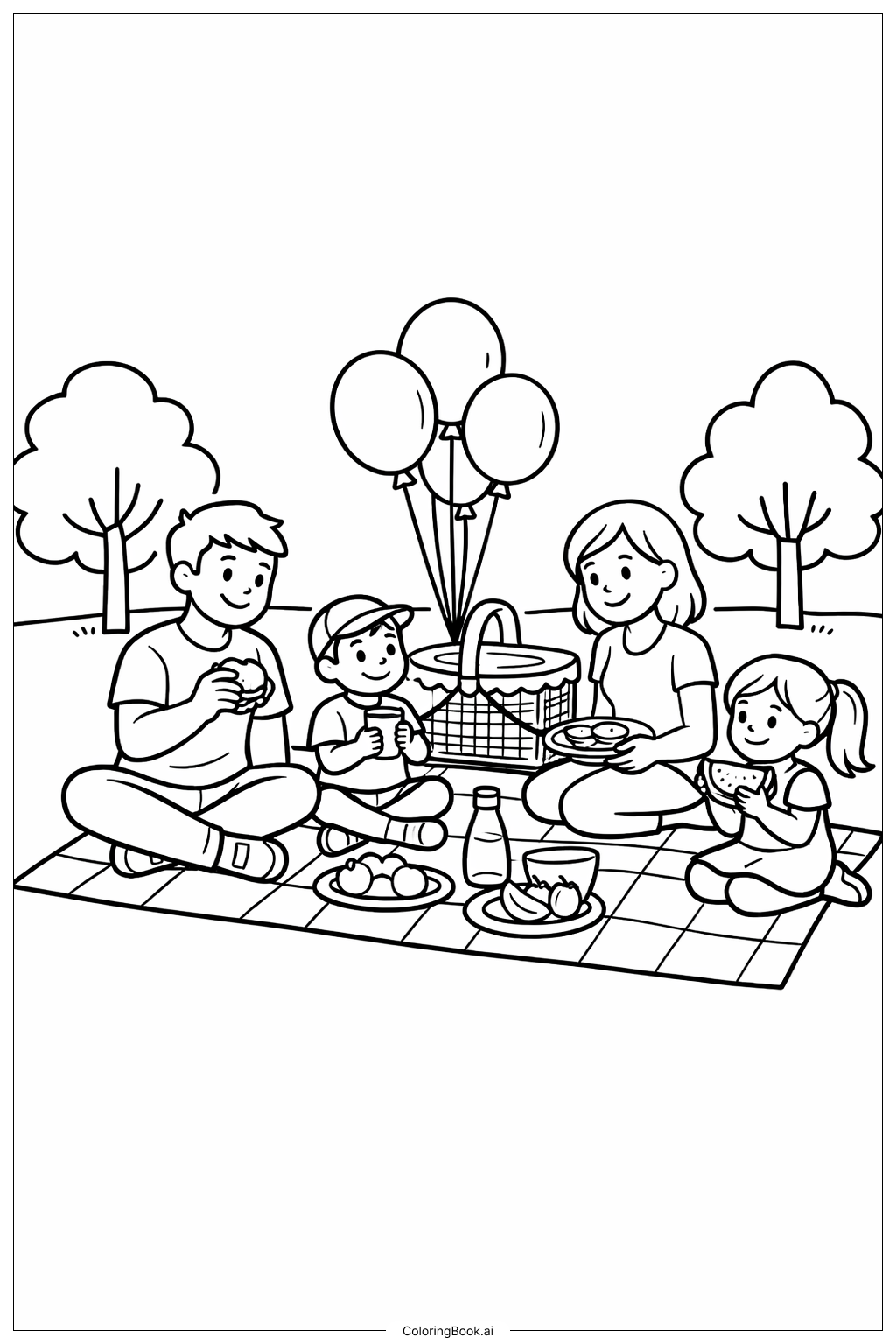  Página para colorir de Cena de Piquenique com Balões 