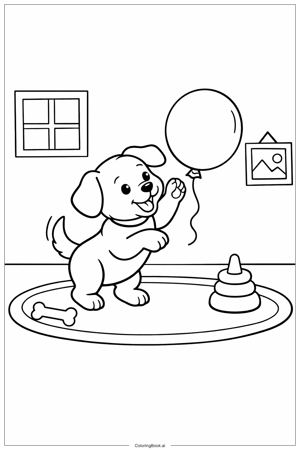  バルーン子犬遊びの塗り絵ページ 