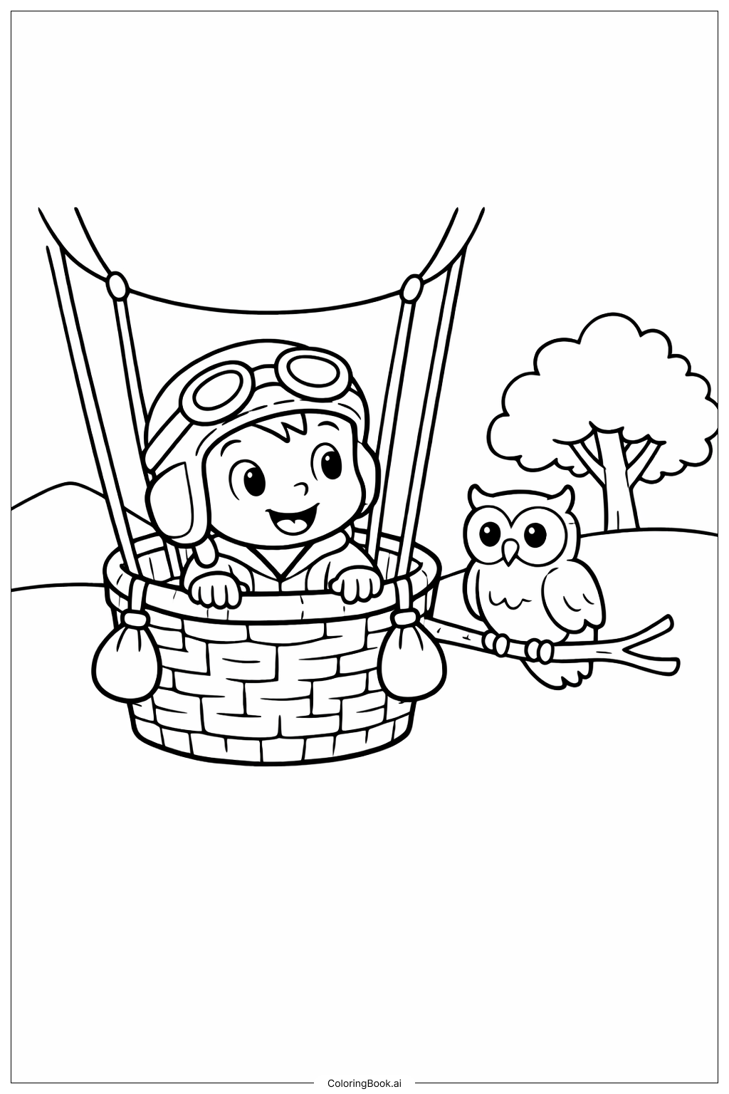  부엉이와 함께하는 열기구 타기 색칠공부 페이지 