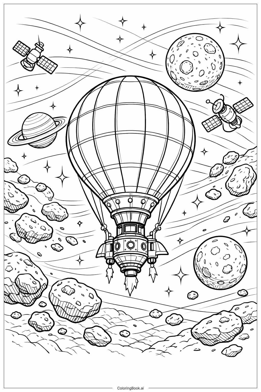  Page de coloriage Voyage spatial en montgolfière 