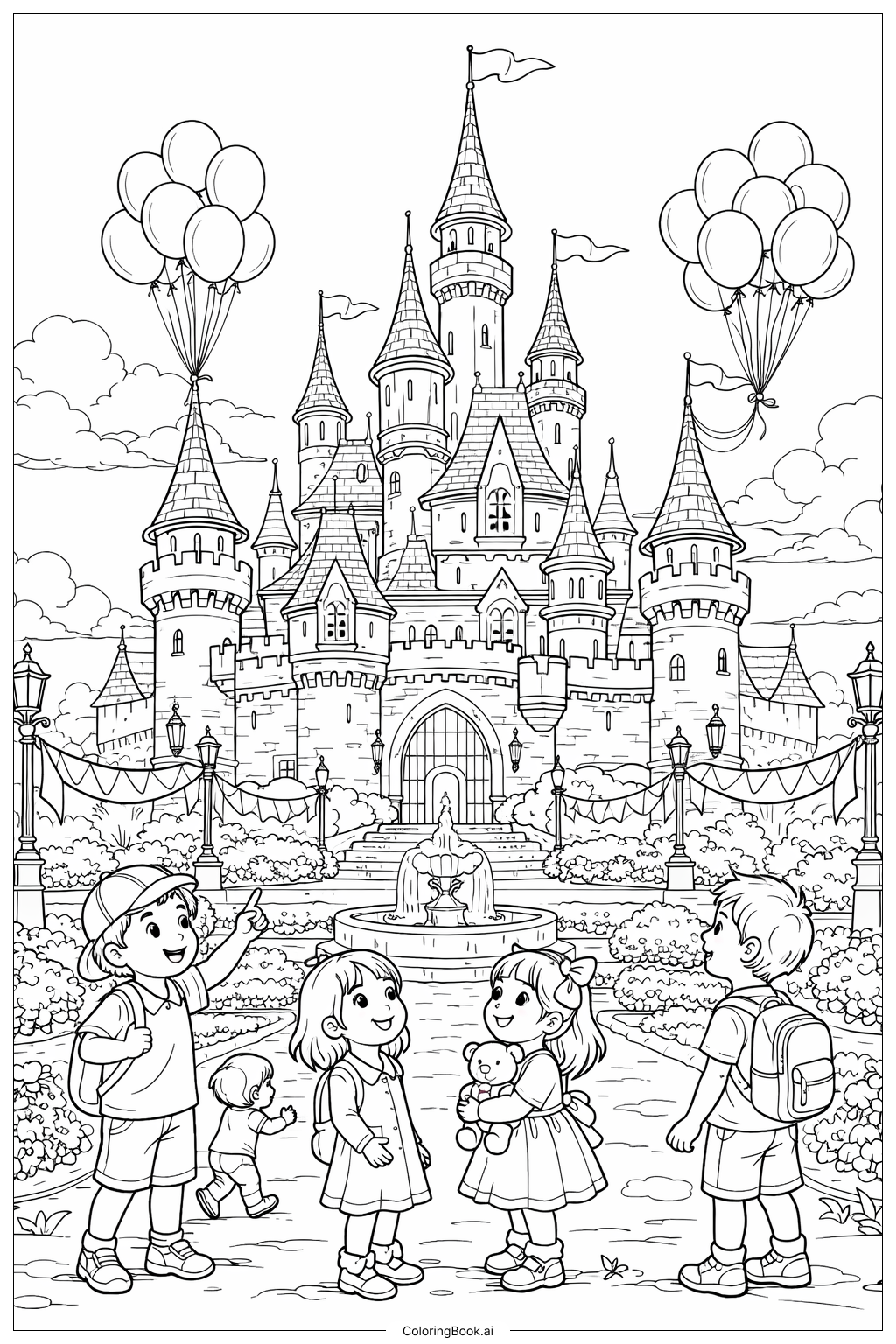  Trang tô màu Câu chuyện lâu đài bóng bay 