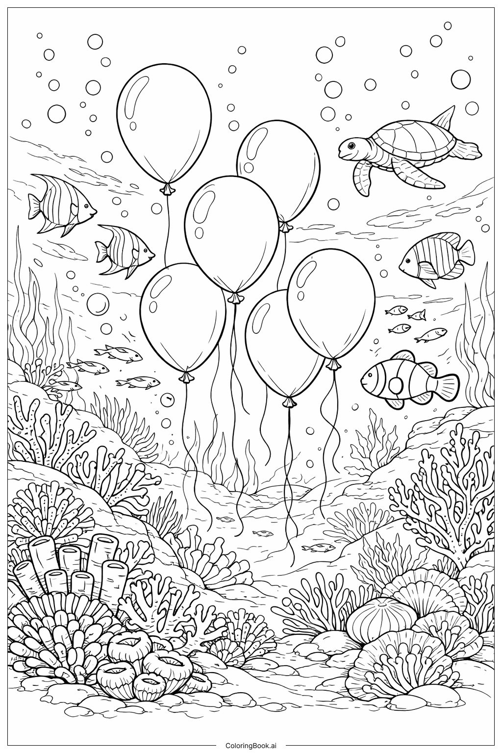  Page de coloriage Rêve Sous-Marin avec Ballons 